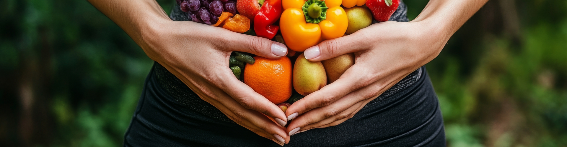 Une femme tient dans son jardin des fruits et des légumes colorés en forme de cœur devant son ventre.