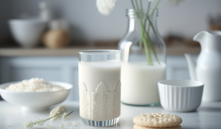 Sur un plateau de cuisine, de gauche à droite, se trouvent un bol blanc avec du riz au lait, un verre rempli de lait, un double biscuit, un vase rempli de lait et de fleurs, une carafe blanche.