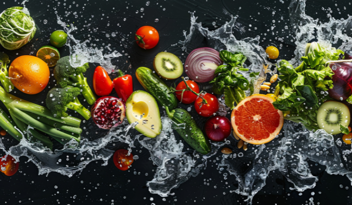 Fruits et légumes lavés, disposés sur une ardoise. Brocoli, pakrika, grenade, tomate, concombre, avocat, kiwi, oignon, chou frisé, poireau, kaki, poivron, orange, citron vert, épinard, basilic. 