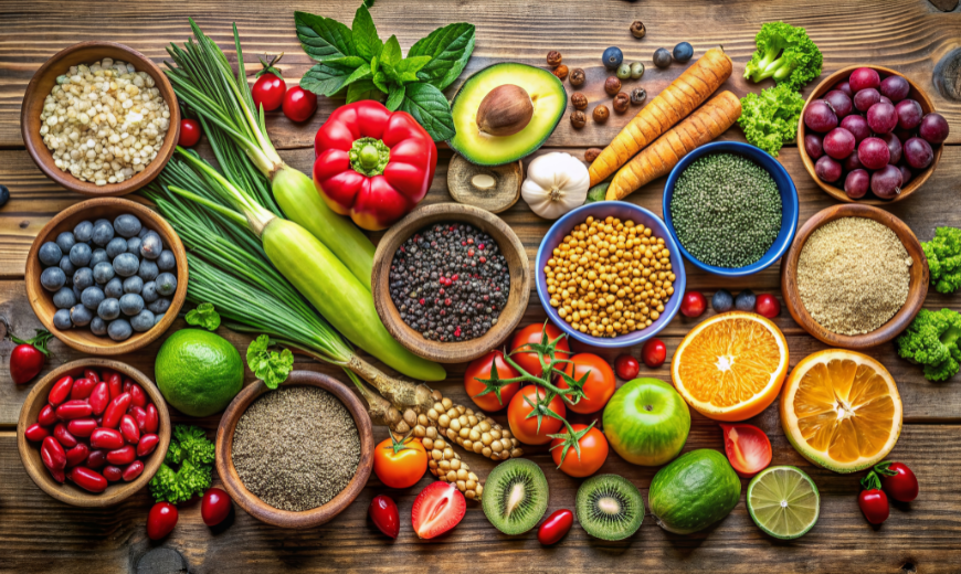 Une variété d'aliments frais et colorés est disposée sur une table en bois. On peut voir des poivrons rouges, des avocats, des carottes, des raisins, des moitiés d'oranges, des tomates, des épis de maïs et diverses baies. Des bols contiennent des épices et des grains. La disposition des aliments est esthétiquement plaisante et montre une variété d'options saines.