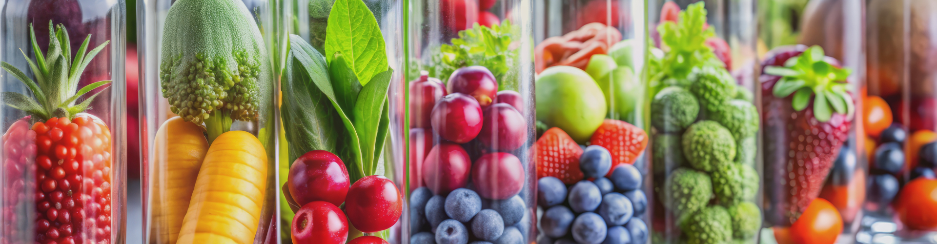 Divers fruits et légumes colorés sont rangés dans des verres et présentés. 