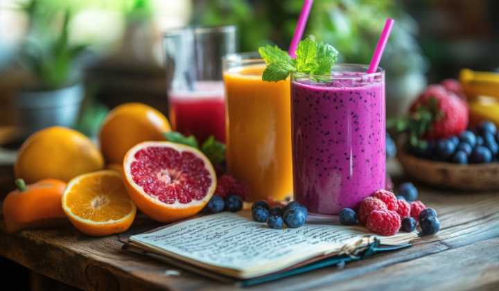 Des agrumes découpés et des smooties colorés en orange, rose et rouge à base de baies, de fruits du dragon et d'agrumes.