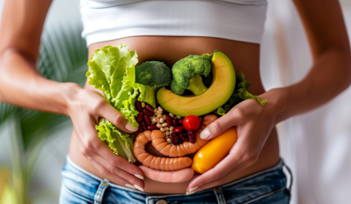 La femme tient son estomac, qui est créé avec diverses sortes de légumes, de fruits et de saucisses.