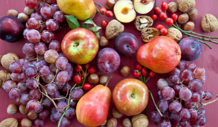 Raisins, pommes, poires, prunes, cynorrhodons, noisettes, noix d'arbres vus du ciel